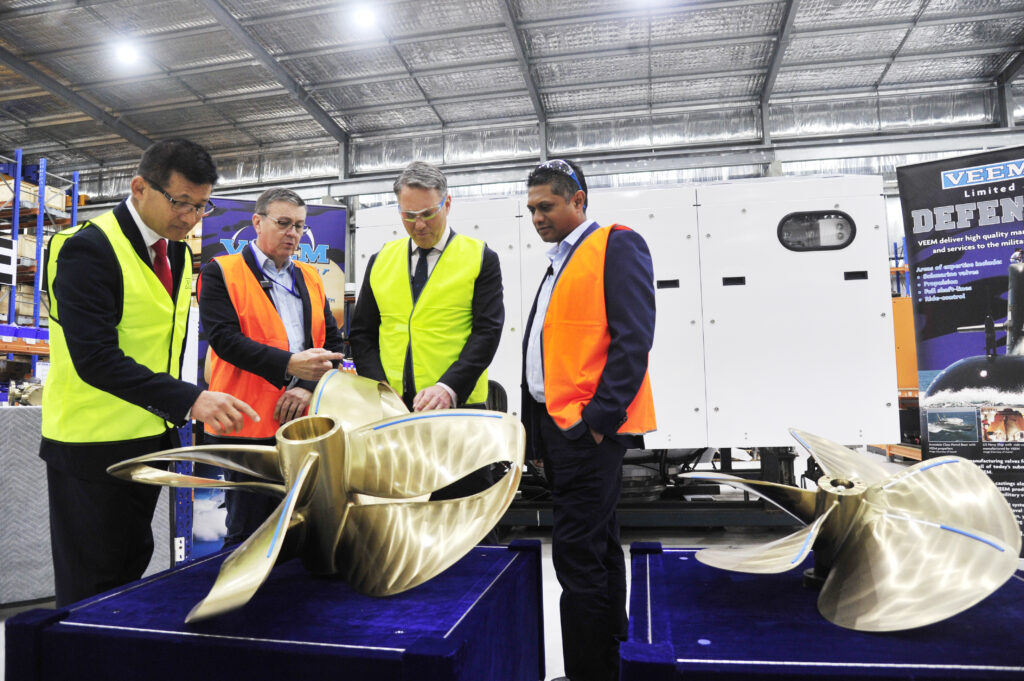 Engineering team at VEEM Ltd showcasing the new Sharrow x VEEM propeller manufactured in house, to Hon Richard Marles, Deputy Prime Minister, and Ministers for Defence in Australia.